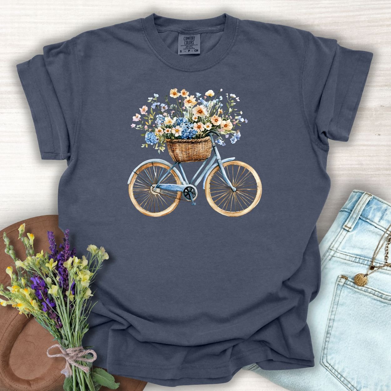 Vintage Bicycle with Basket of Wildflowers T-Shirt