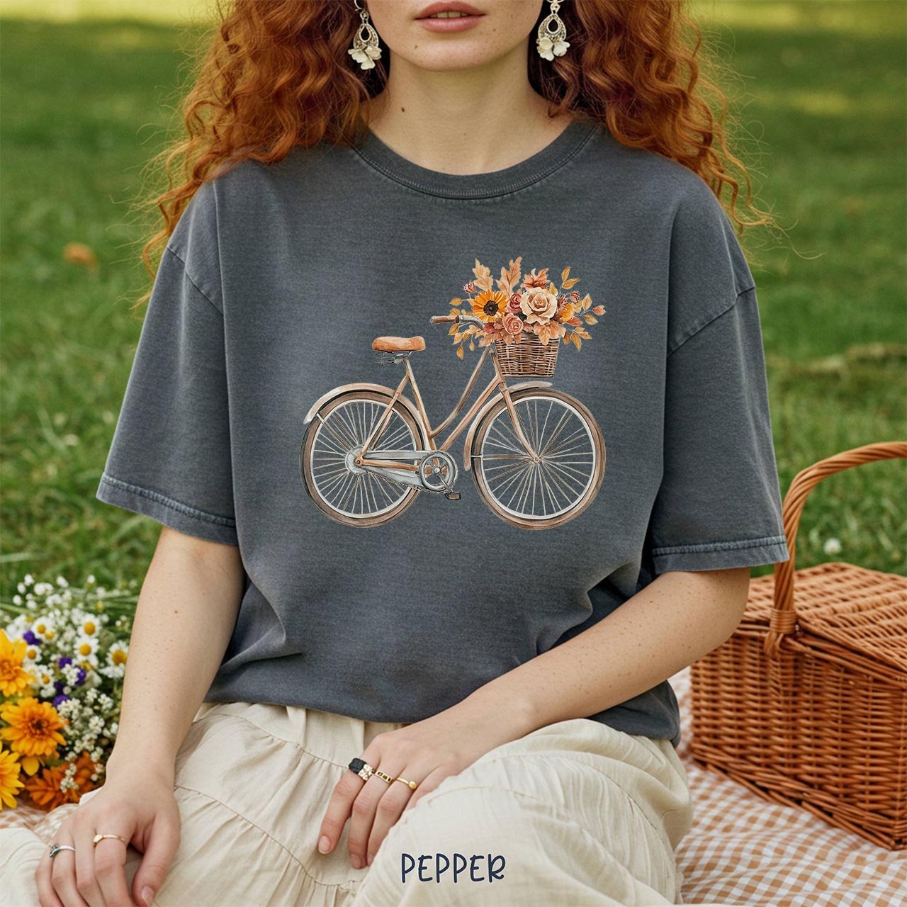 Vintage Bicycle with Fall Flower Basket T-Shirt