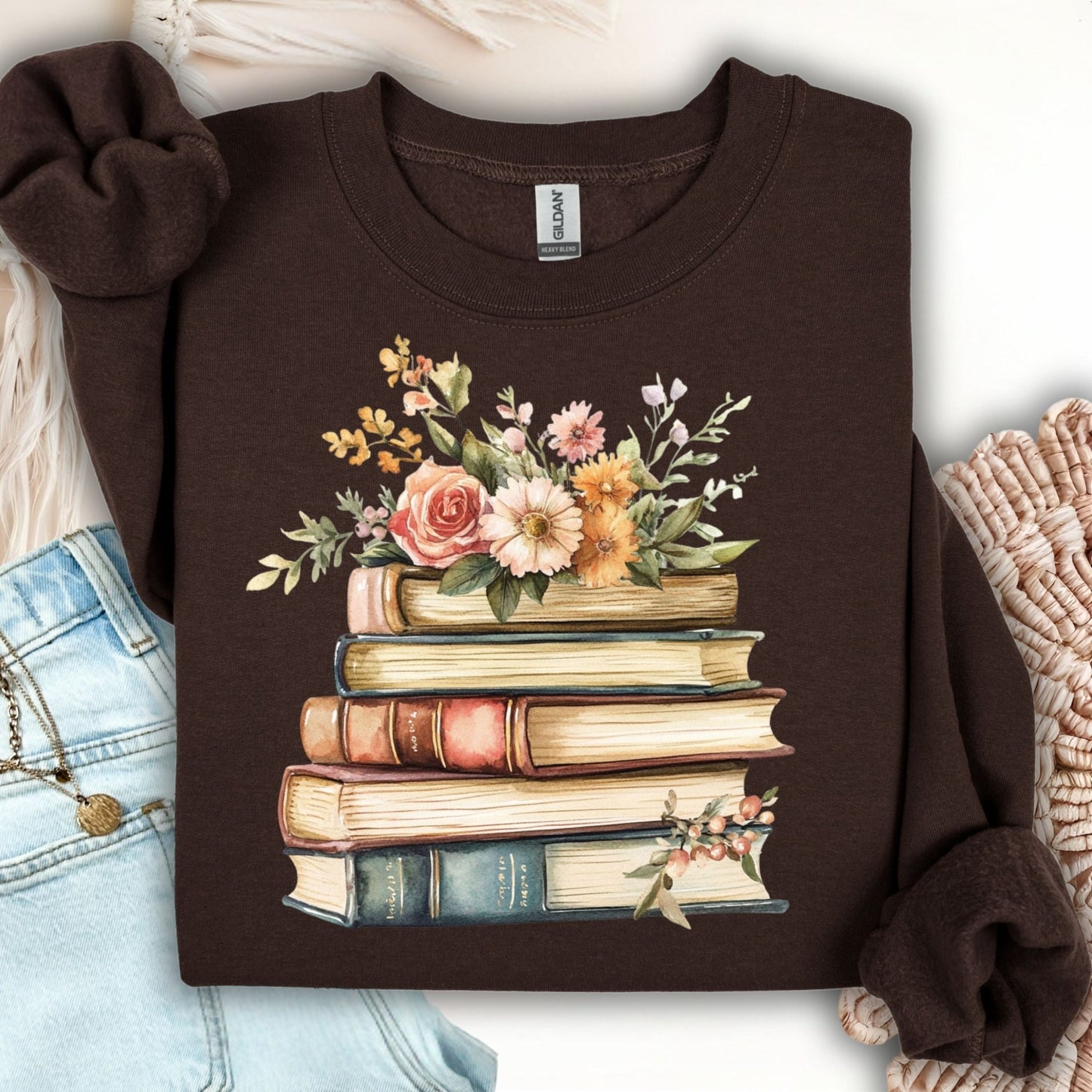 Dark Chocolate S sweatshirt with a vintage books and summer flowers illustration.