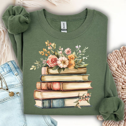 Military Green crewneck sweatshirt with a vintage stack of books and summer flowers graphic.