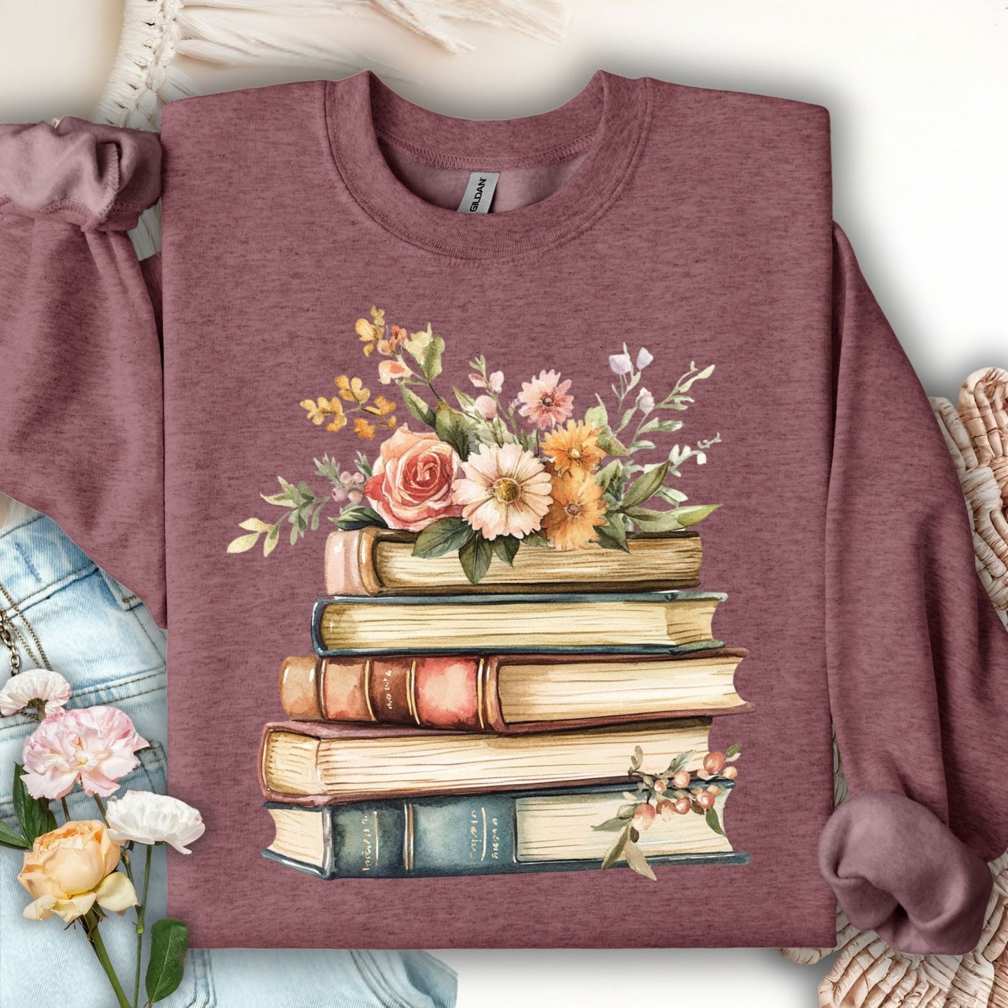 Vintage Books and Summer Flowers Sweatshirt