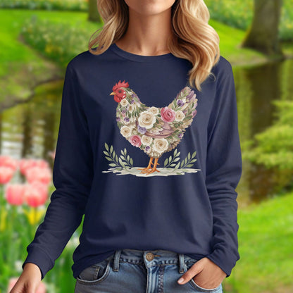 Navy long sleeve tee with a floral-patterned hen design in muted roses and greenery.