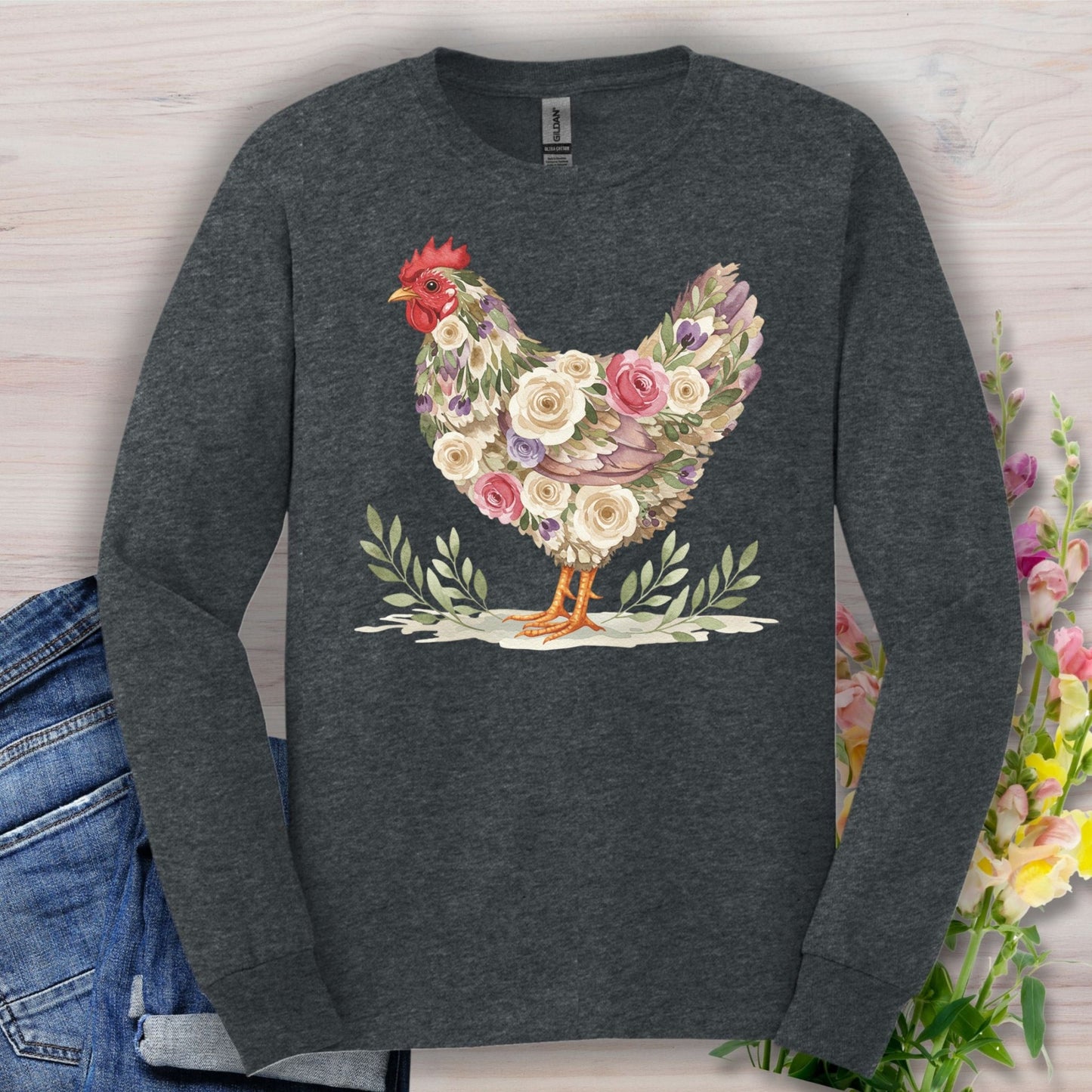 Dark Heather long sleeve tee with a floral-patterned hen design in muted roses and greenery.