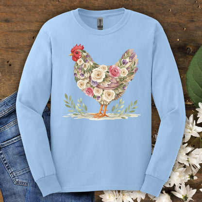 Light blue long sleeve tee with a floral-patterned hen design in muted roses and greenery.