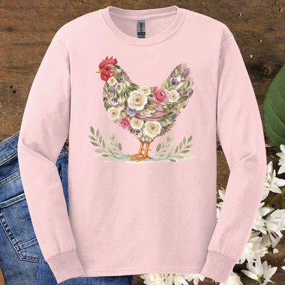 Light pink long sleeve tee with a floral hen design, made from soft USA-grown cotton.