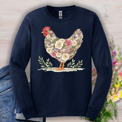 Navy long sleeve tee with a vintage floral hen design in muted roses and greenery.