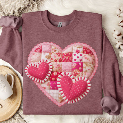 Vintage Faux Patchwork Valentine's Hearts Sweatshirt