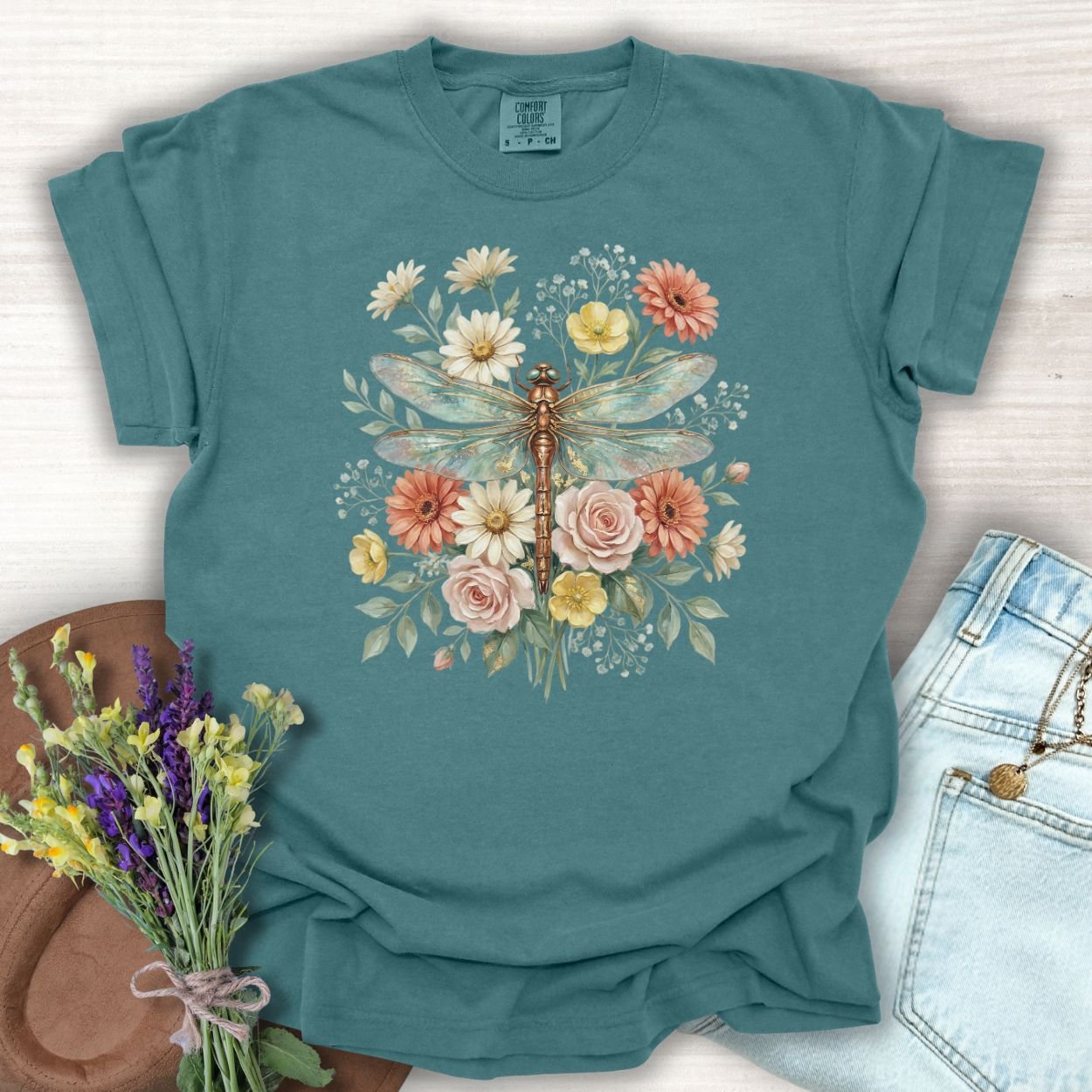 Blue Spruce vintage floral dragonfly t-shirt, S, 100% ring-spun cotton, with muted botanical art.