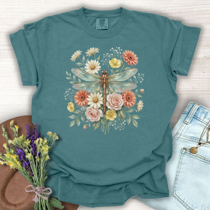 Blue Spruce vintage floral dragonfly t-shirt, S, 100% ring-spun cotton, with muted botanical art.