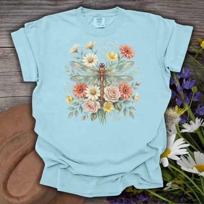 Chambray blue vintage floral dragonfly t-shirt made from garment-dyed cotton, size S.