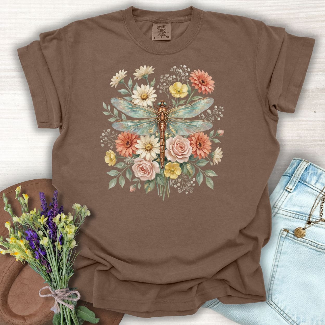 Espresso S vintage floral dragonfly t-shirt with hand-painted botanical art, relaxed-fit, garment-dyed cotton.