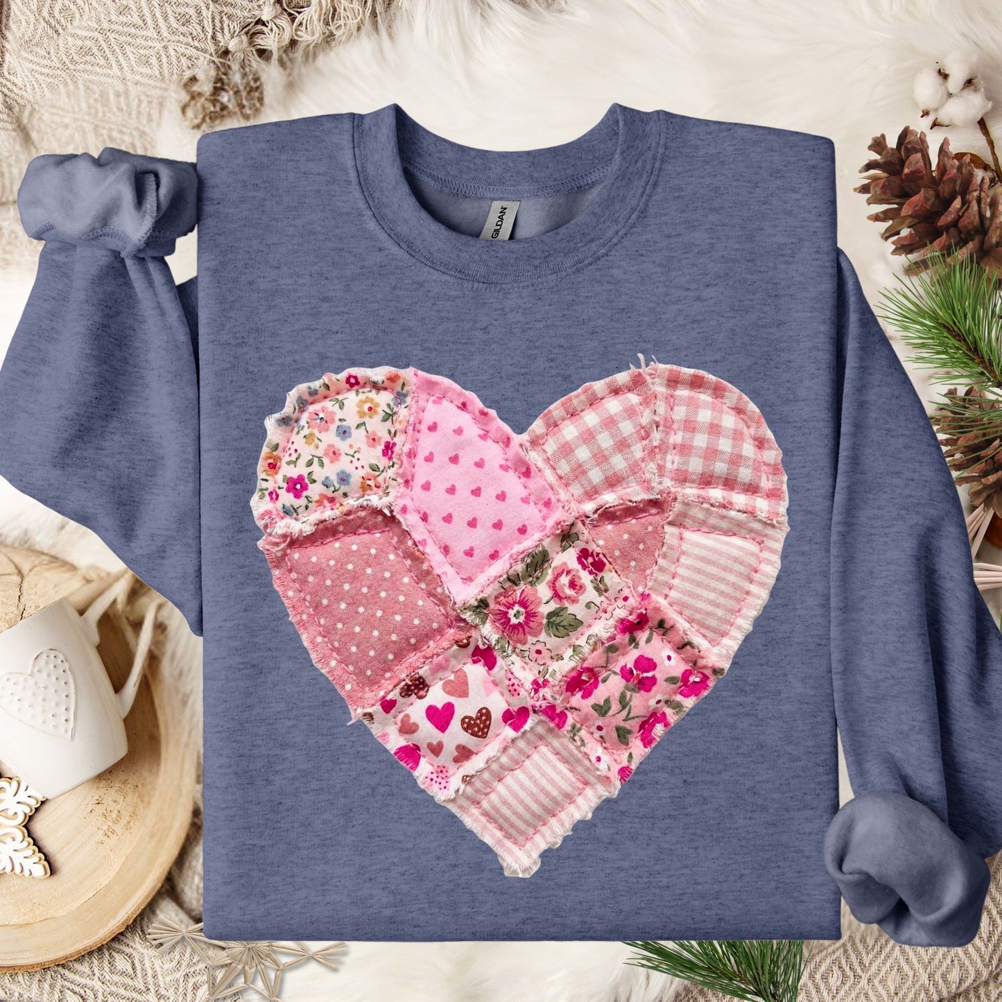 Vintage Floral Faux Patchwork Heart Sweatshirt