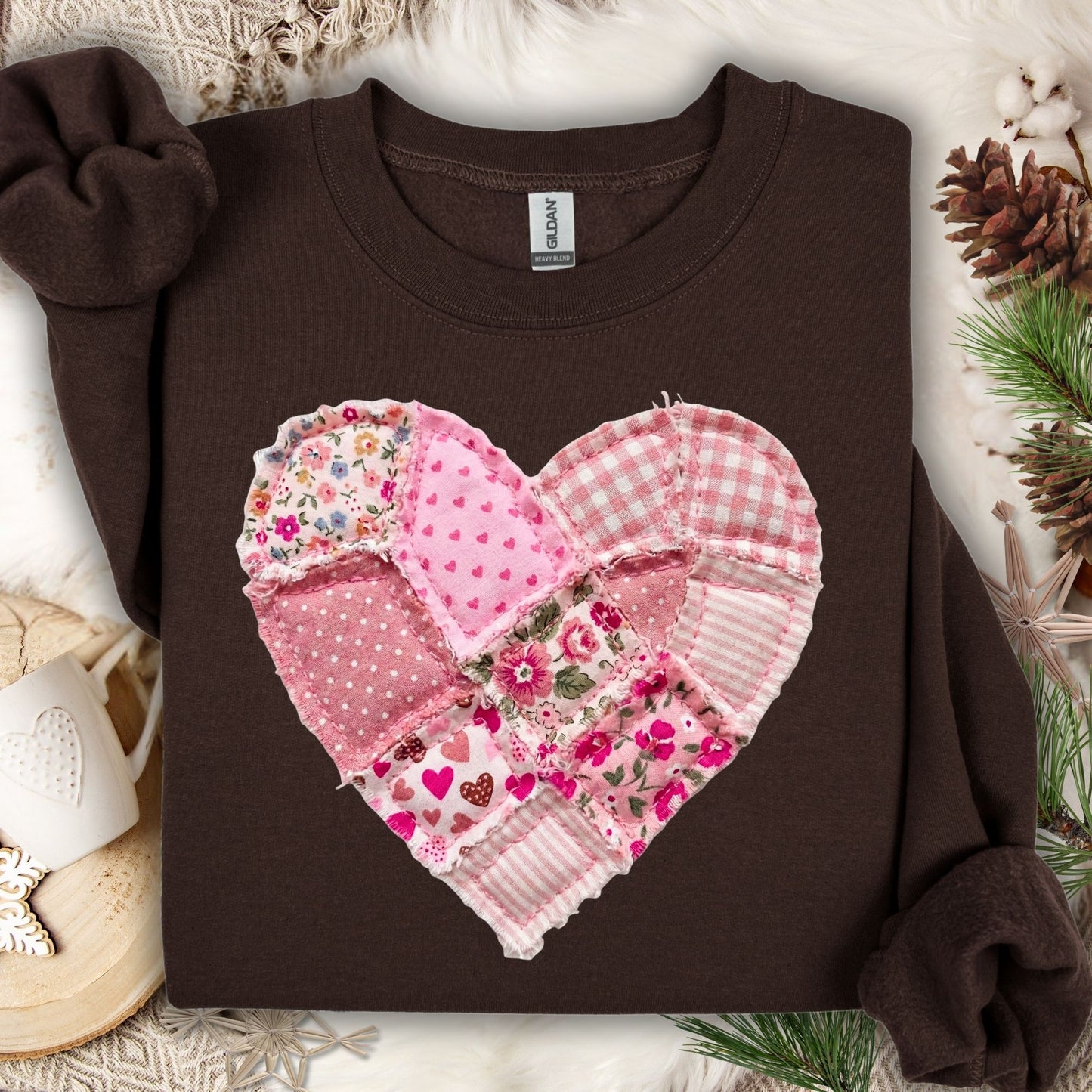 Vintage Floral Faux Patchwork Heart Sweatshirt