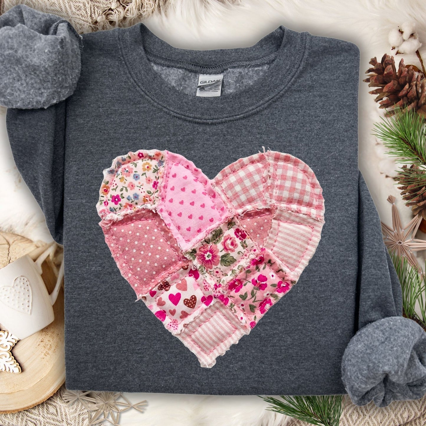 Vintage Floral Faux Patchwork Heart Sweatshirt