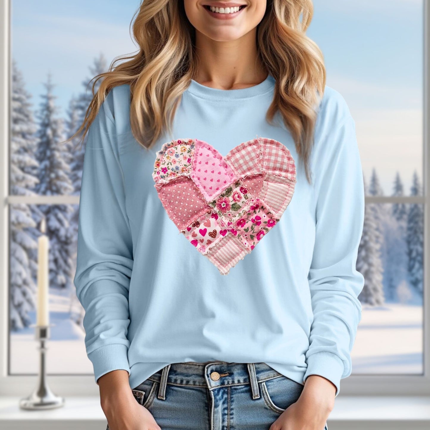 Vintage Floral Faux Patchwork Valentine's Heart Long Sleeve Tee