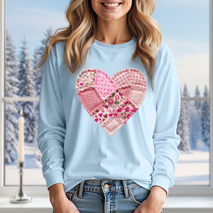 Vintage Floral Faux Patchwork Valentine's Heart Long Sleeve Tee
