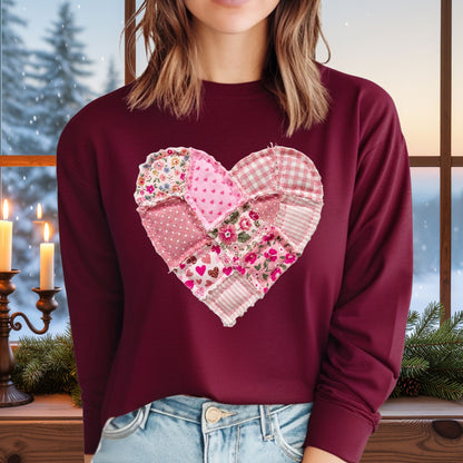 Vintage Floral Faux Patchwork Valentine's Heart Long Sleeve Tee