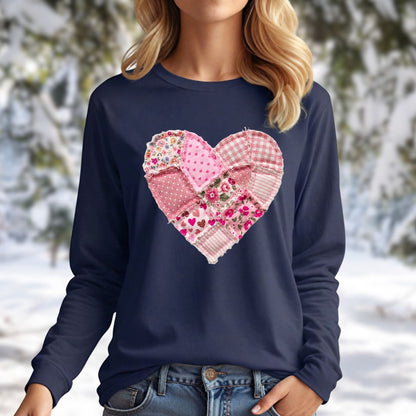 Vintage Floral Faux Patchwork Valentine's Heart Long Sleeve Tee