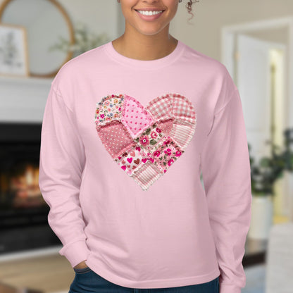 Vintage Floral Faux Patchwork Valentine's Heart Long Sleeve Tee
