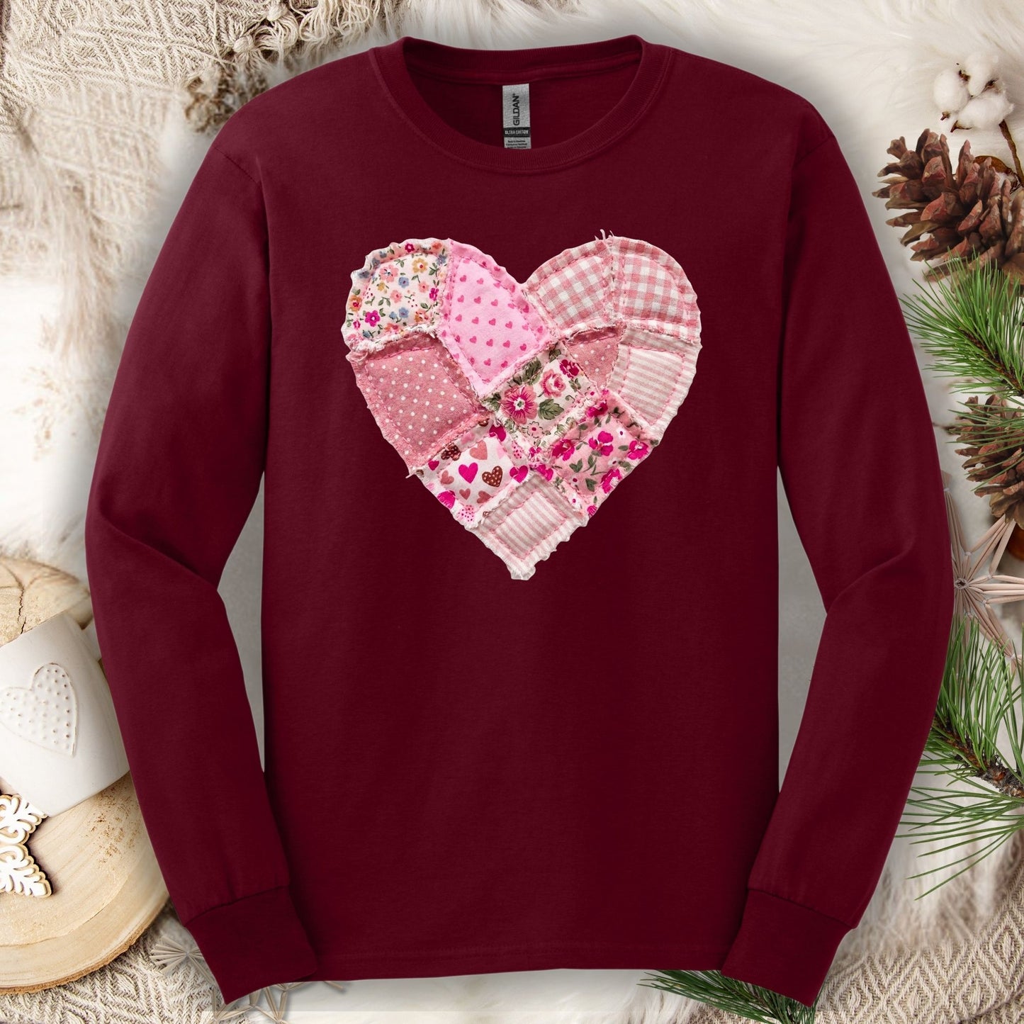 Vintage Floral Faux Patchwork Valentine's Heart Long Sleeve Tee