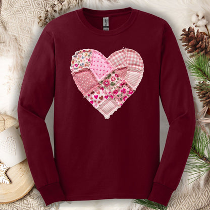 Vintage Floral Faux Patchwork Valentine's Heart Long Sleeve Tee