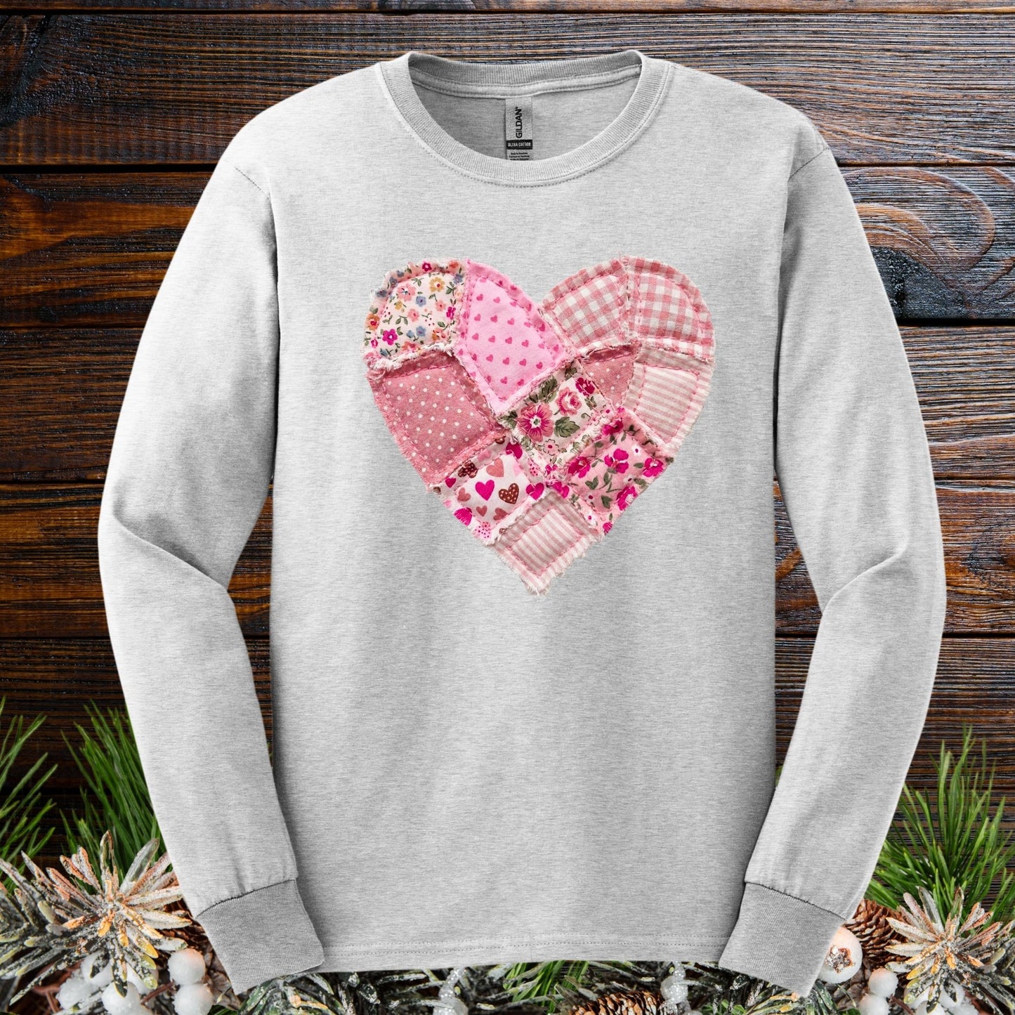 Vintage Floral Faux Patchwork Valentine's Heart Long Sleeve Tee