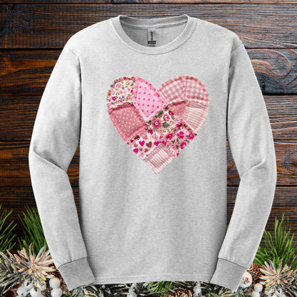 Vintage Floral Faux Patchwork Valentine's Heart Long Sleeve Tee