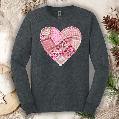 Vintage Floral Faux Patchwork Valentine's Heart Long Sleeve Tee