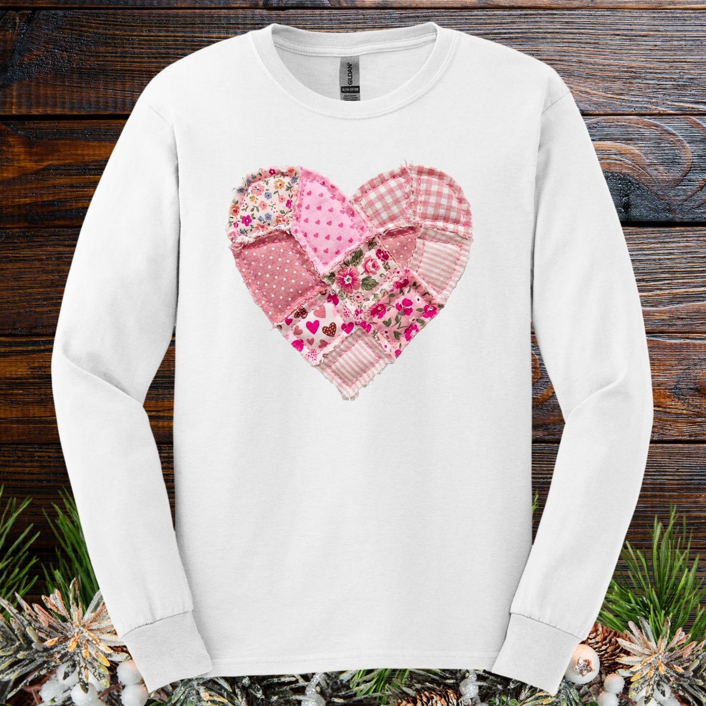 Vintage Floral Faux Patchwork Valentine's Heart Long Sleeve Tee
