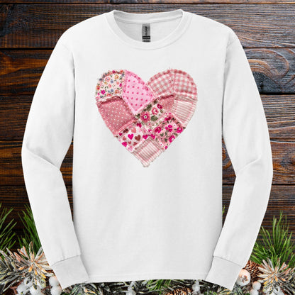 Vintage Floral Faux Patchwork Valentine's Heart Long Sleeve Tee