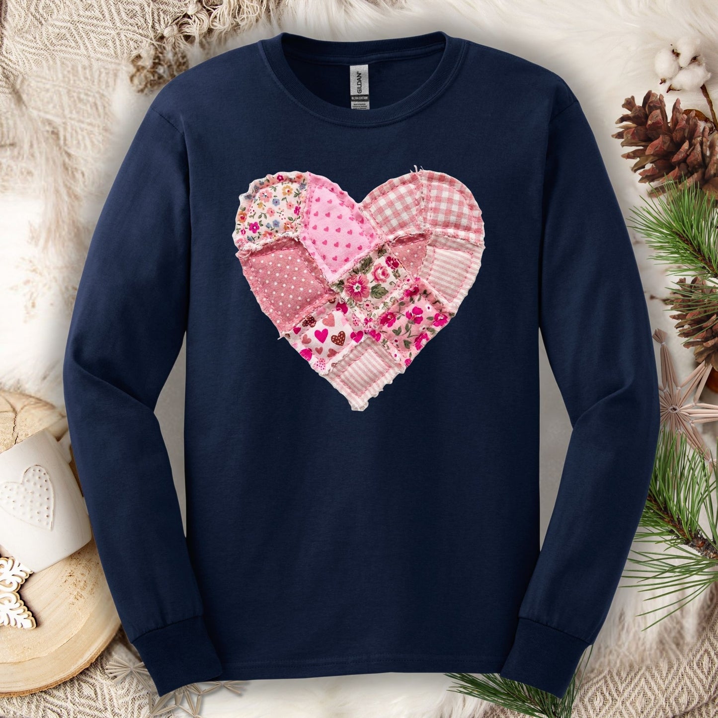 Vintage Floral Faux Patchwork Valentine's Heart Long Sleeve Tee