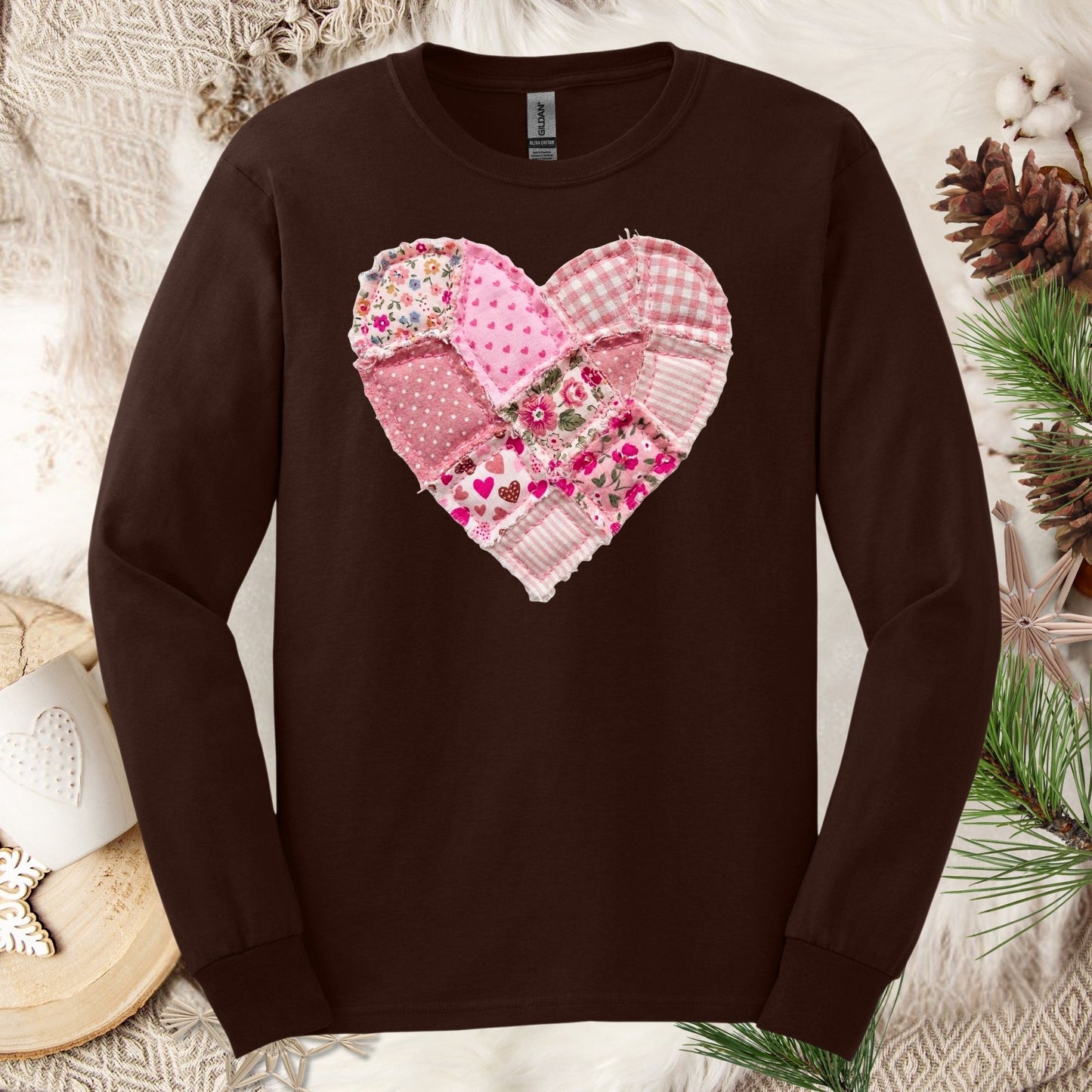 Vintage Floral Faux Patchwork Valentine's Heart Long Sleeve Tee