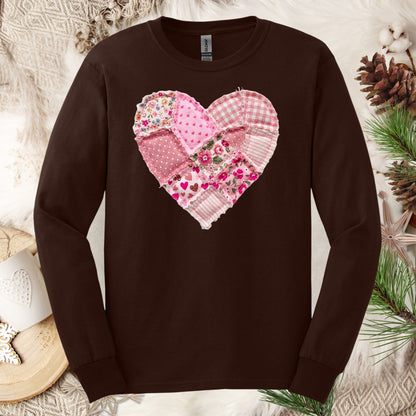 Vintage Floral Faux Patchwork Valentine's Heart Long Sleeve Tee