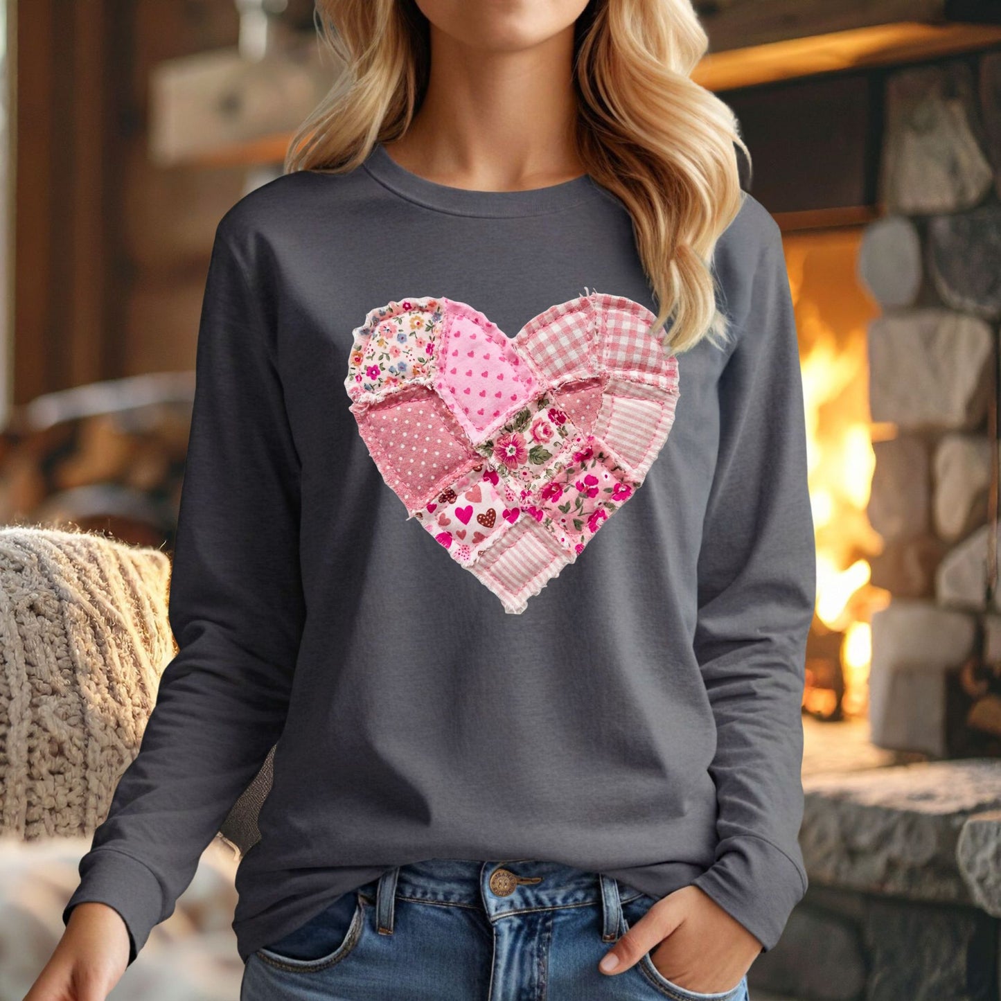 Vintage Floral Faux Patchwork Valentine's Heart Long Sleeve Tee
