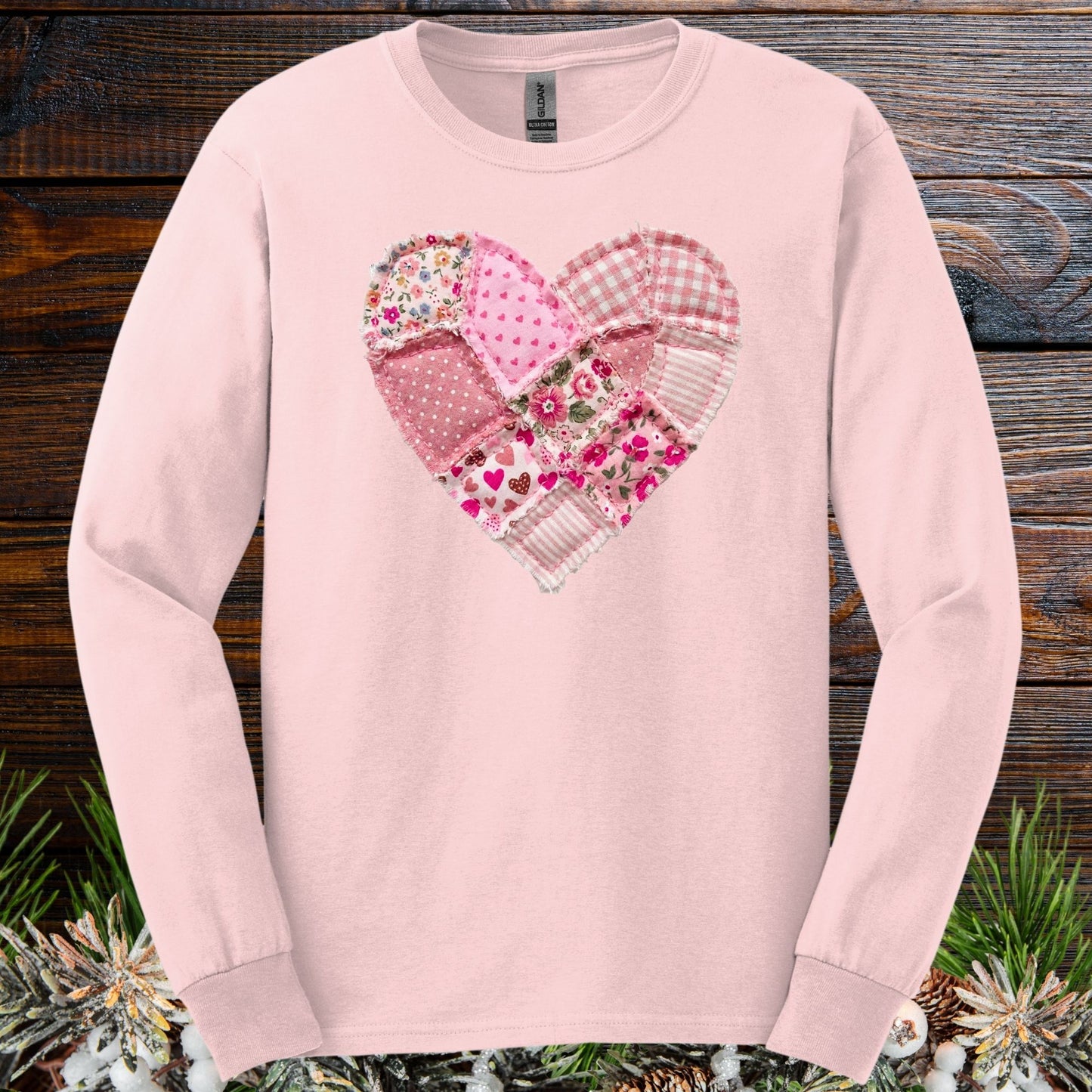 Vintage Floral Faux Patchwork Valentine's Heart Long Sleeve Tee