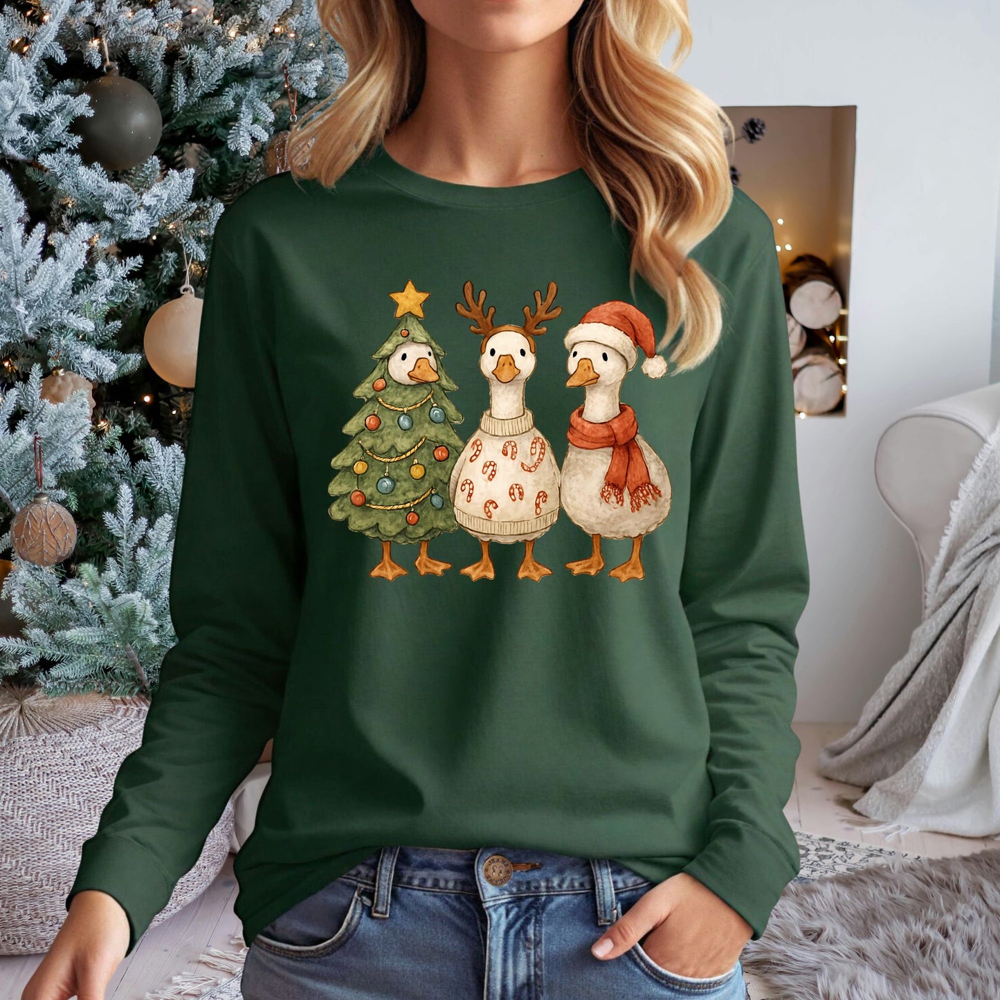 Vintage Funny Christmas Geese Trio Long Sleeve Tee