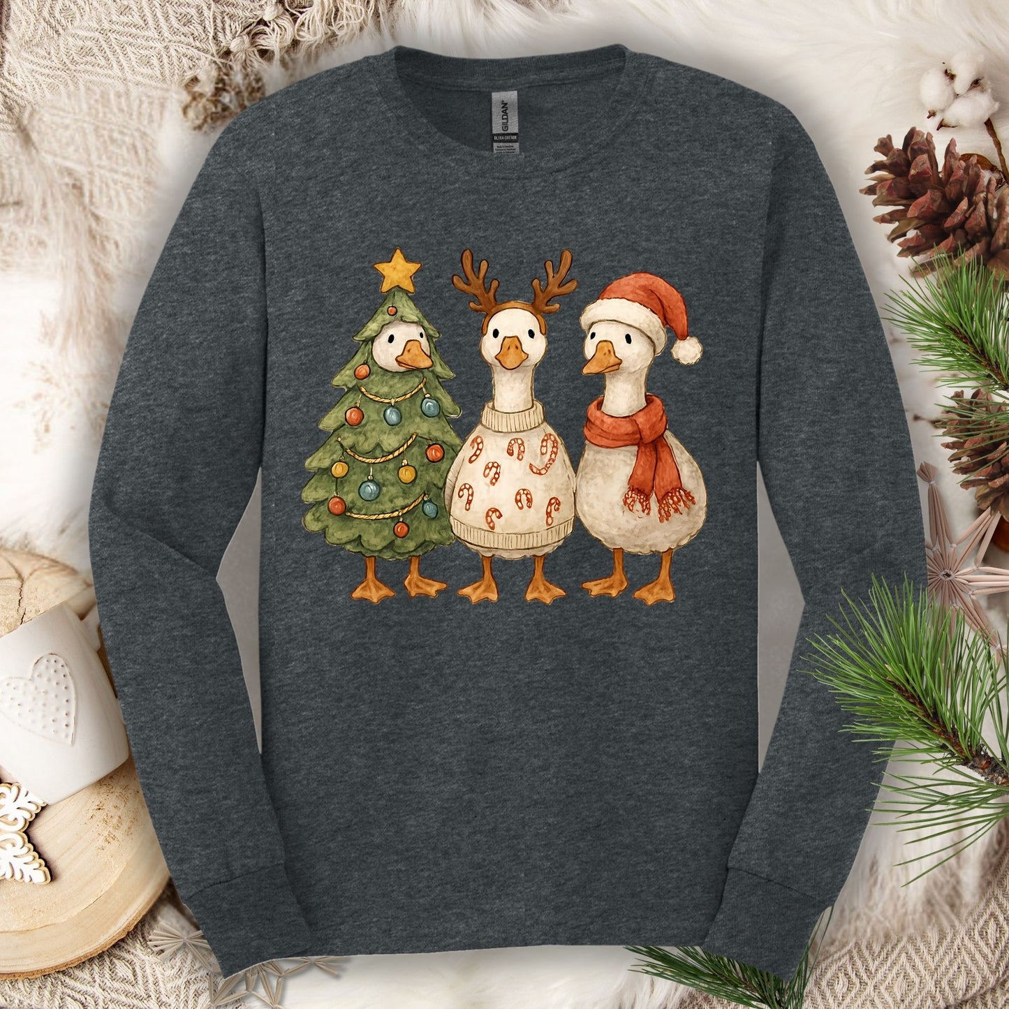 Vintage Funny Christmas Geese Trio Long Sleeve Tee