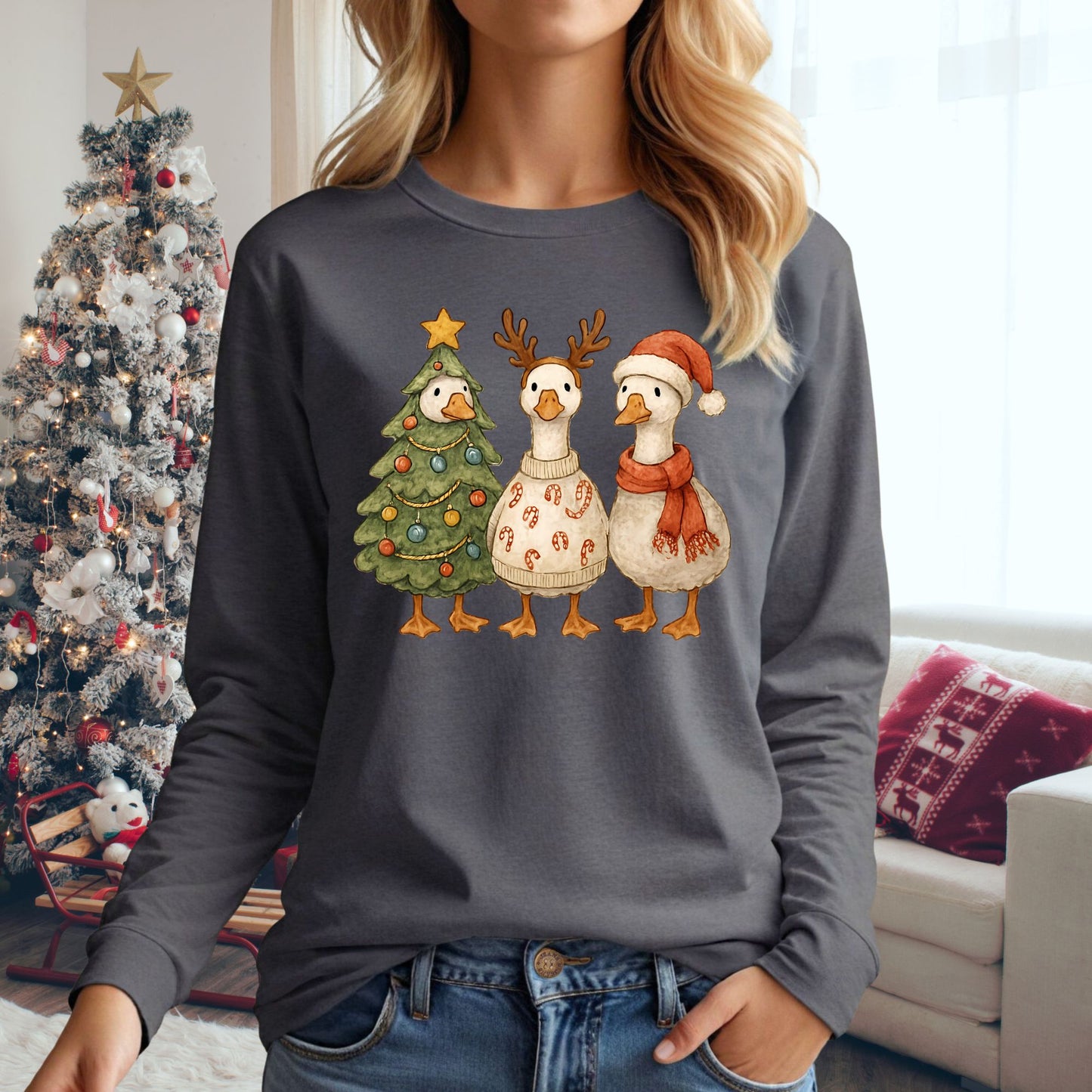 Vintage Funny Christmas Geese Trio Long Sleeve Tee