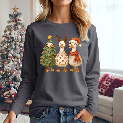 Vintage Funny Christmas Geese Trio Long Sleeve Tee