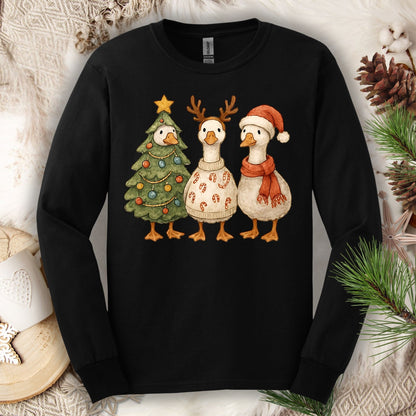 Vintage Funny Christmas Geese Trio Long Sleeve Tee