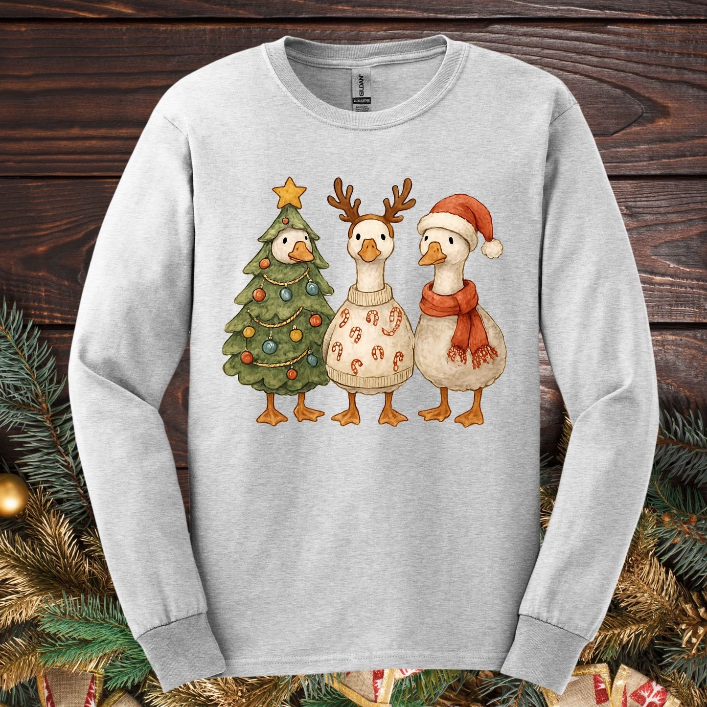 Vintage Funny Christmas Geese Trio Long Sleeve Tee