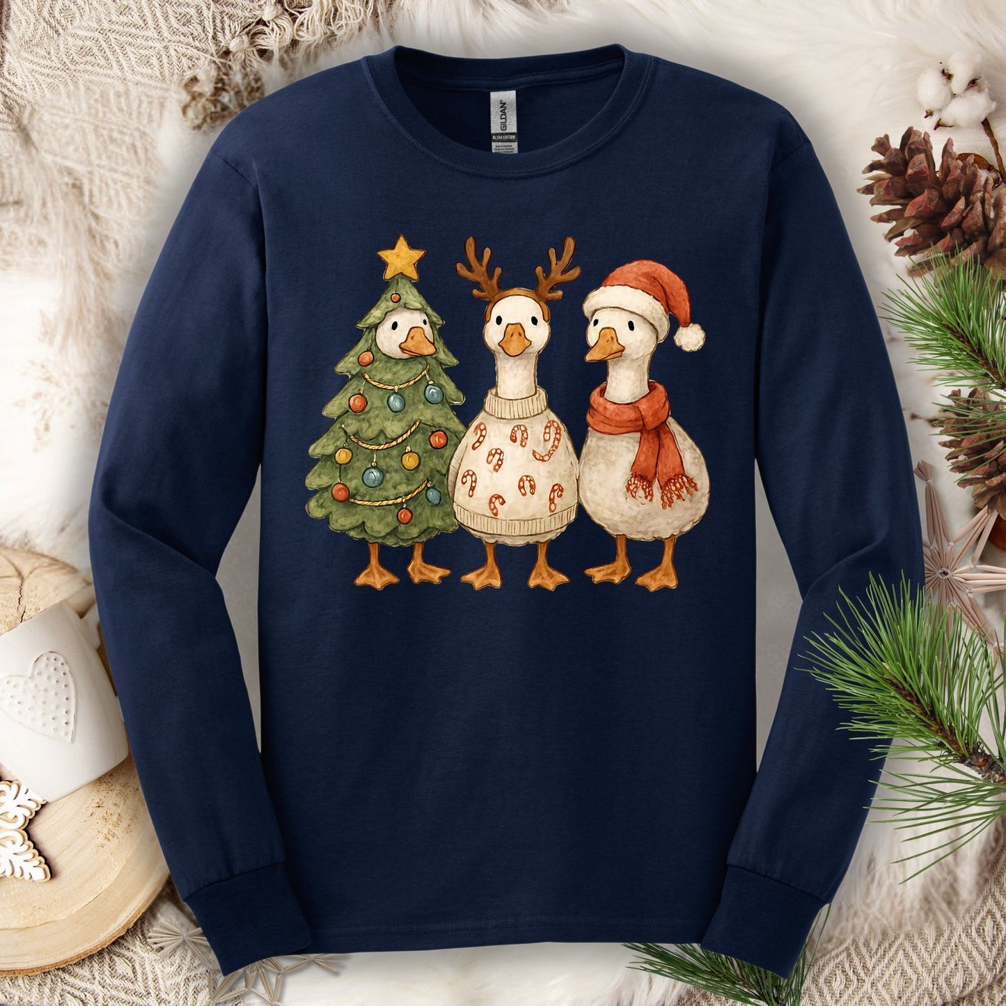 Vintage Funny Christmas Geese Trio Long Sleeve Tee