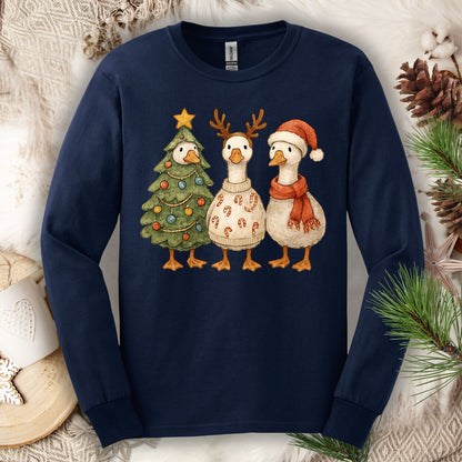 Vintage Funny Christmas Geese Trio Long Sleeve Tee
