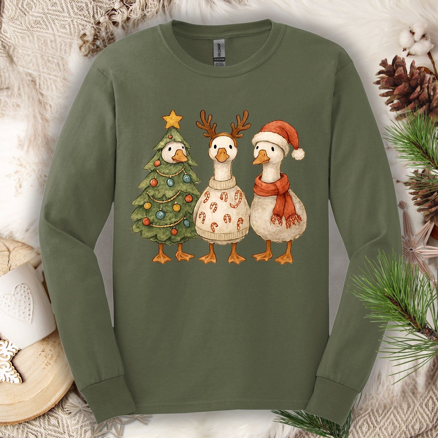 Vintage Funny Christmas Geese Trio Long Sleeve Tee