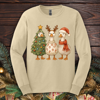 Vintage Funny Christmas Geese Trio Long Sleeve Tee