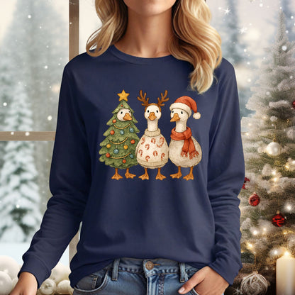 Vintage Funny Christmas Geese Trio Long Sleeve Tee