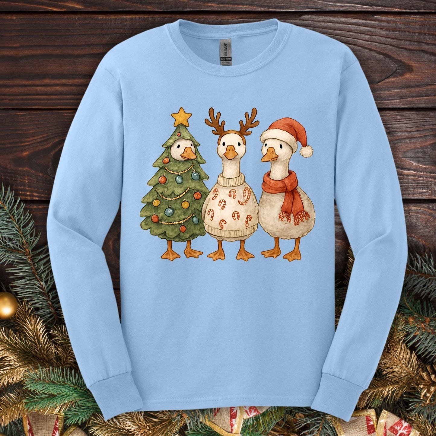 Vintage Funny Christmas Geese Trio Long Sleeve Tee