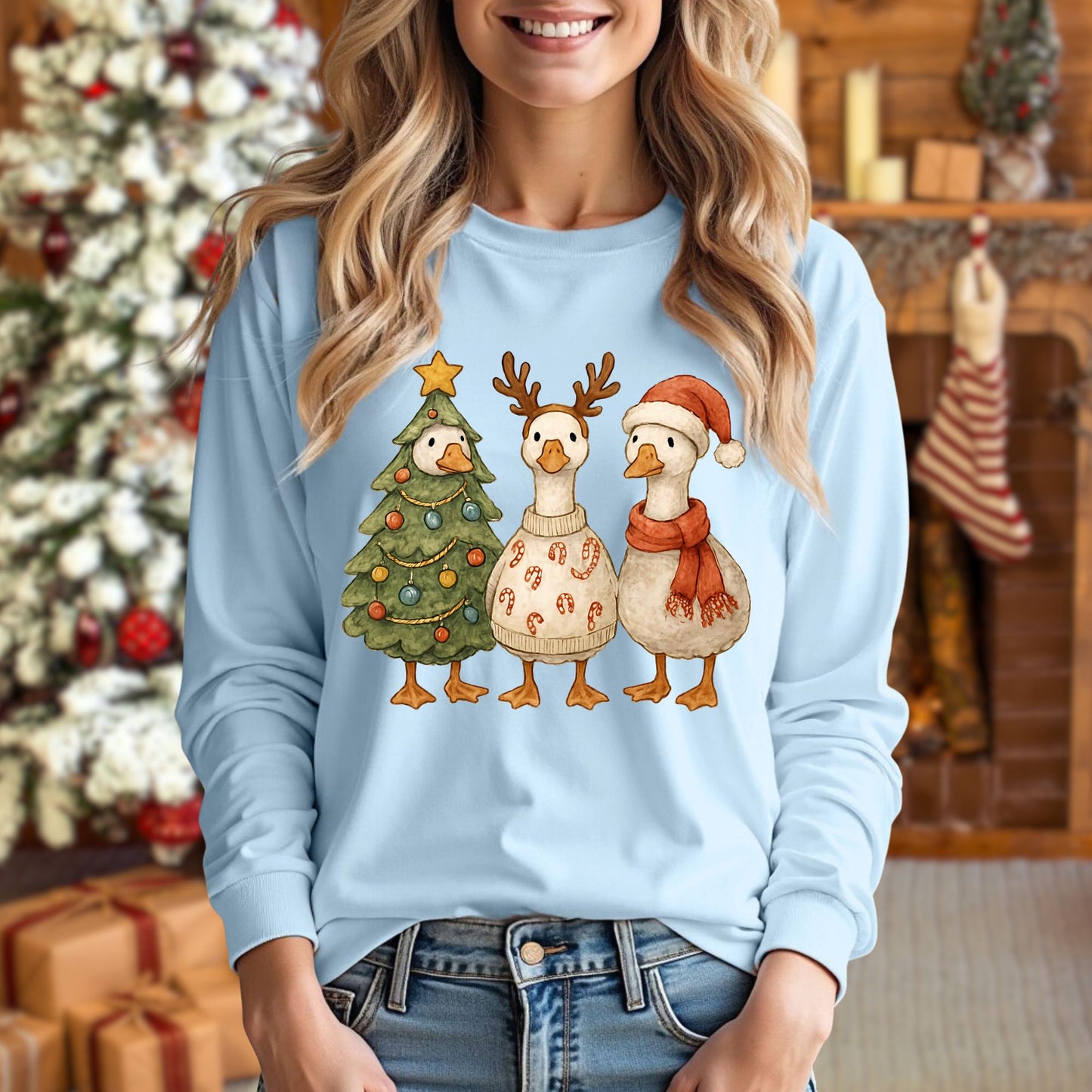 Vintage Funny Christmas Geese Trio Long Sleeve Tee