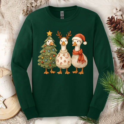 Vintage Funny Christmas Geese Trio Long Sleeve Tee
