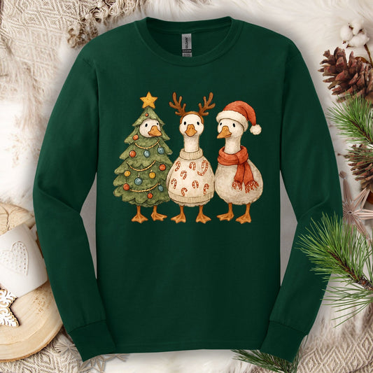 Vintage Funny Christmas Geese Trio Long Sleeve Tee